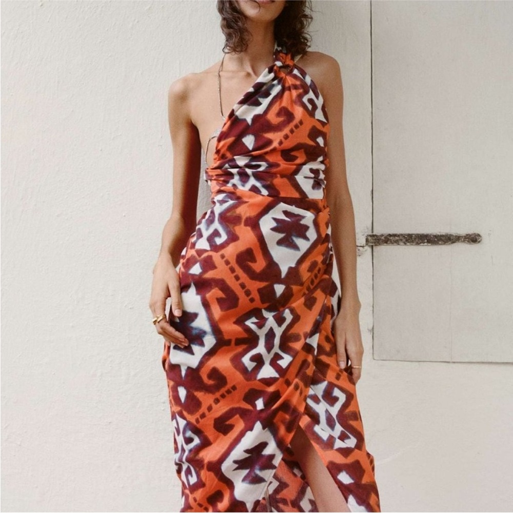 ZARA MULTICOLOURED PRINTED DRESS WITH ASYMMETRIC HEM Orange